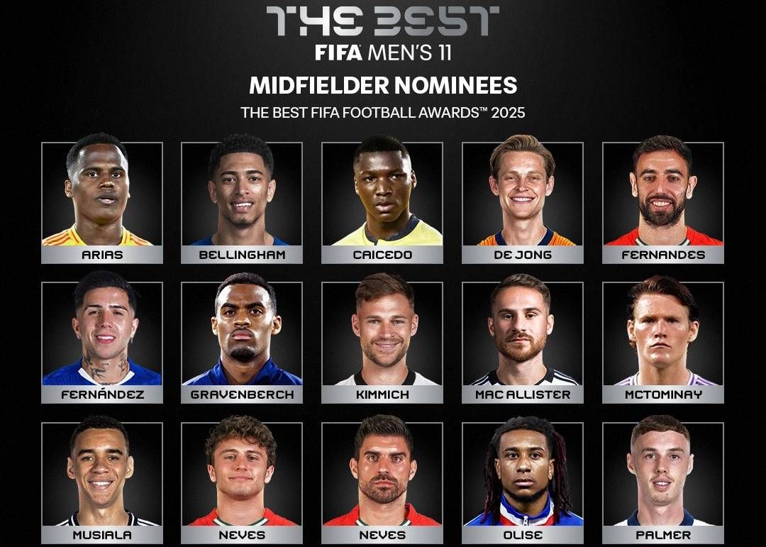 Candidates for FIFA's Best Midfielder of the Year: Vitinha leads the way, with B Fee and Wirtz on the list