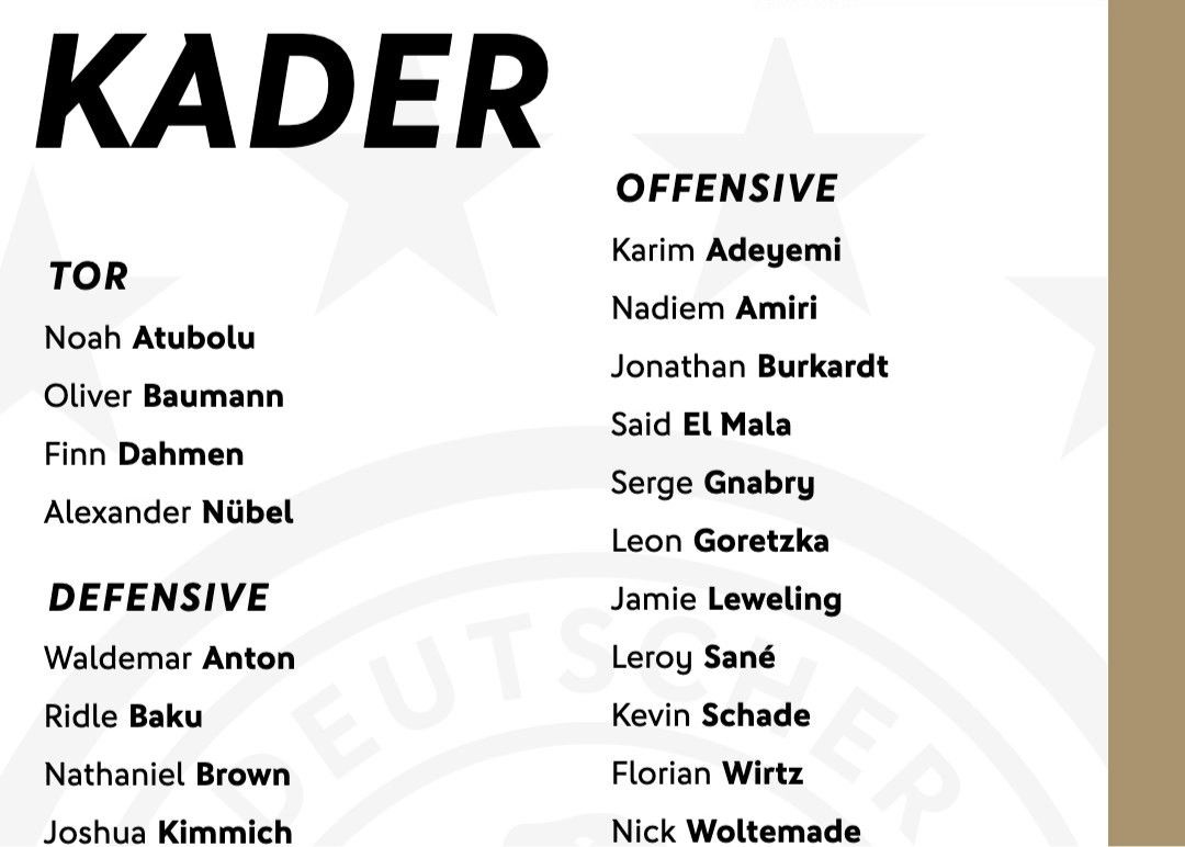 Germany’s November international competition roster is released: Wirtz is on the list, and teenager Marat is the first to be selected